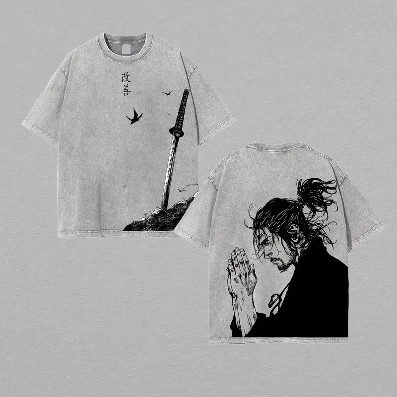 Vagabond Миямото Мусаси Печатная футболка Мужская Женская Стиранные Хлопковые Футболки Манга Винтажная Футболка Харадзюку Мужская Футболка с Коротким Рукавом