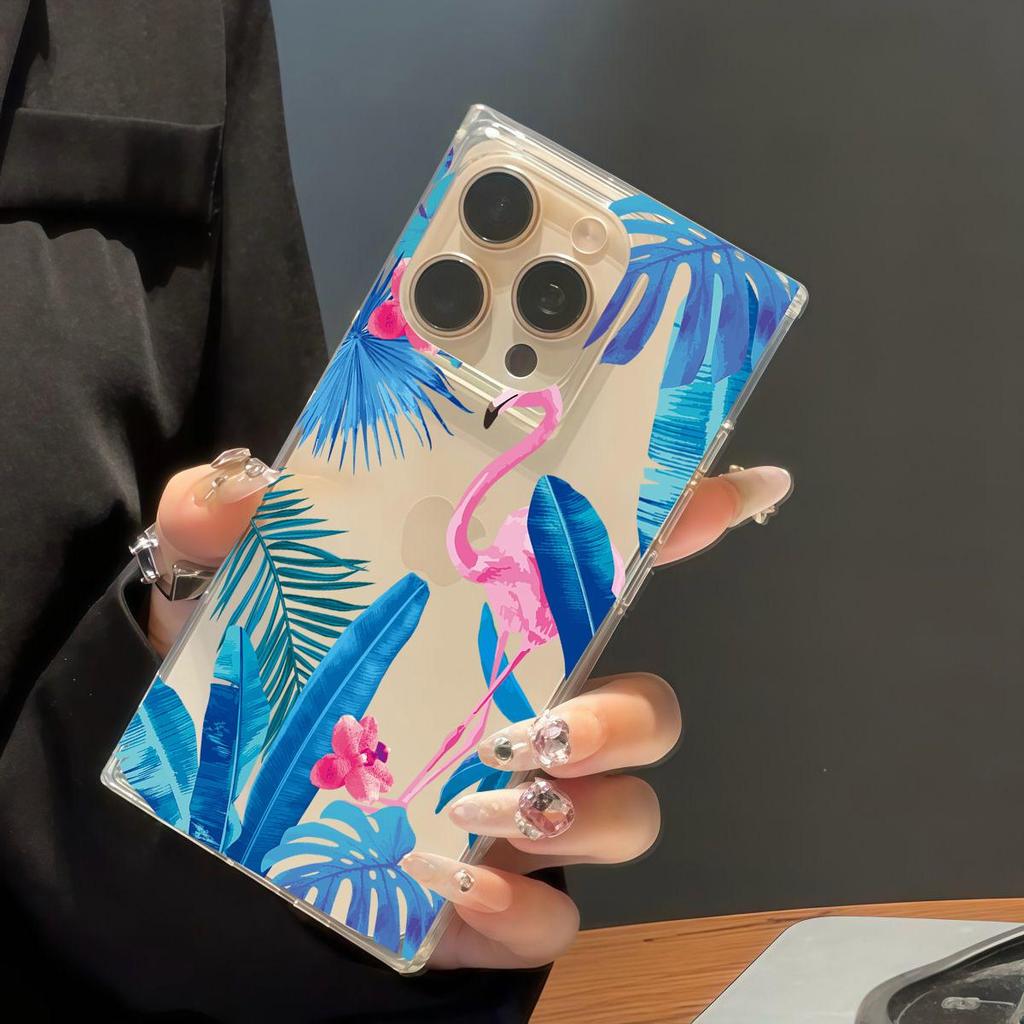 Clear Square Back Tube Case Protection For iPhone 11 15 Plus 14 Pro Max 13 16 ProMax 12 Anti-Oxygen,Blue Leaf Flamingo Pattern Casing