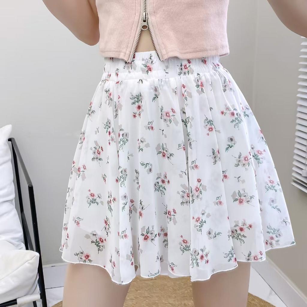 Summer New Printed Chiffon Floral Short Skirt Elastic High Waisted Work Safety Pants