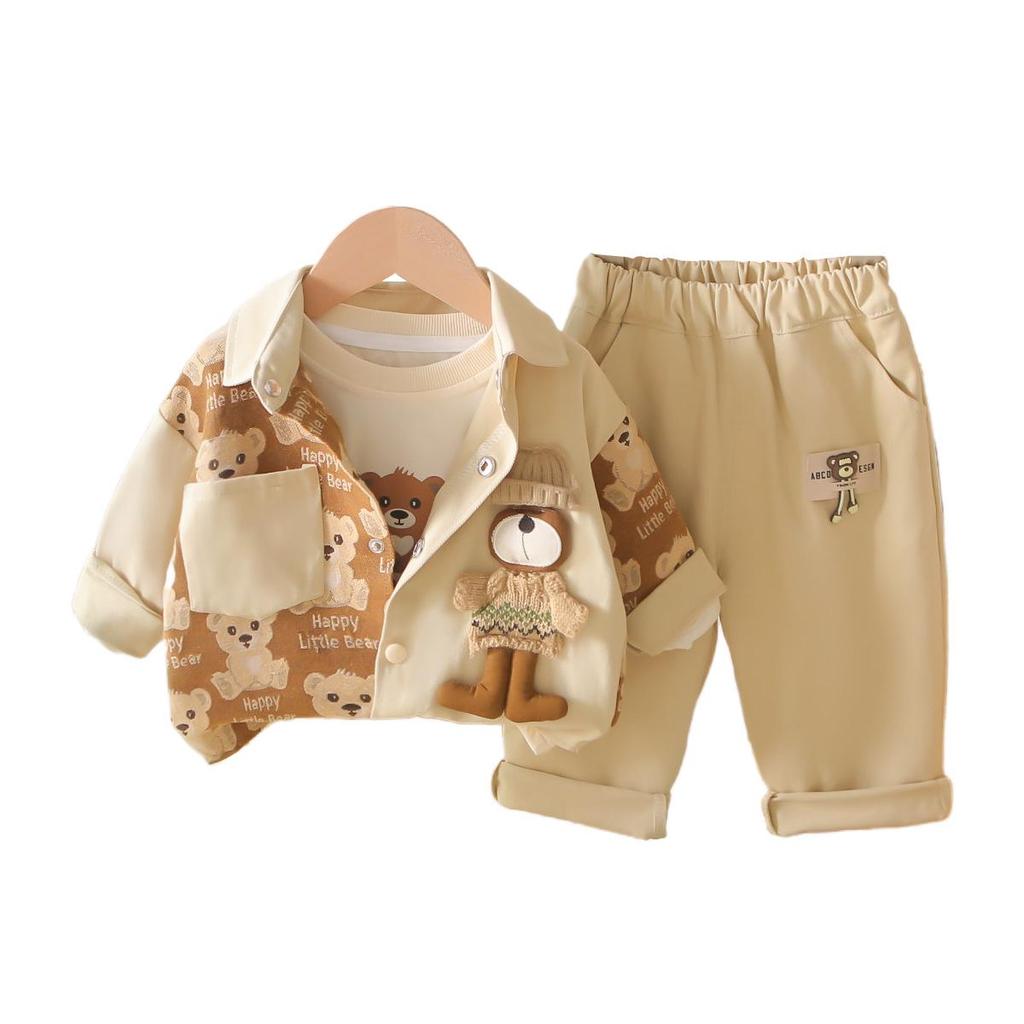 Little Bear Three-Piece Set: Jacket, Casual Pants, Trendy Boy's Fashion.