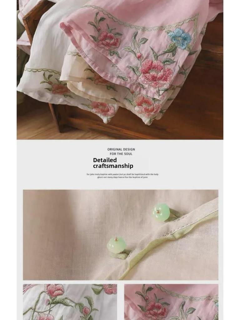 Женский этнический хлопковый топ с вышивкой - китайская косая планка с пуговицами-лягушками, художественная летняя рубашка