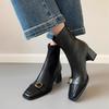 25 French Leather Black Square Head Belt Buckle Elastic Thin Boots 6cm and Ankle Boots Rear Zipper Thick Heel Short Boots Women