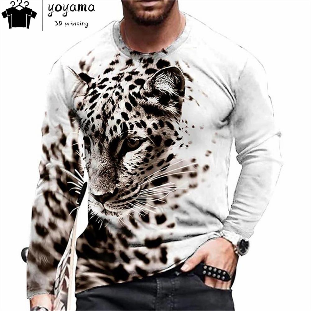 Футболки с принтом тигра Мужская одежда Модная мужская футболка с круглым вырезом и длинным рукавом Повседневная свободная мужская одежда с принтом тигра Топы