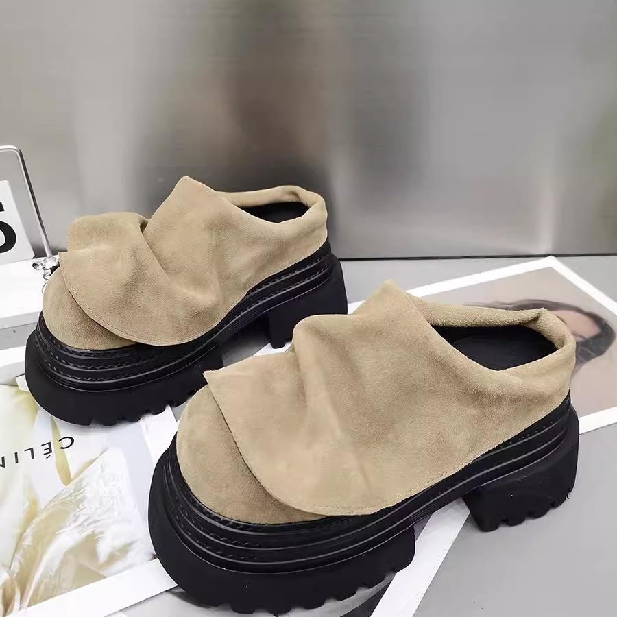Frosted Leather Platform Boken Shoes Mop 2025 Spring New Retro Muffin Sole Slippers Casual Loafer Fashion Women's Shoes