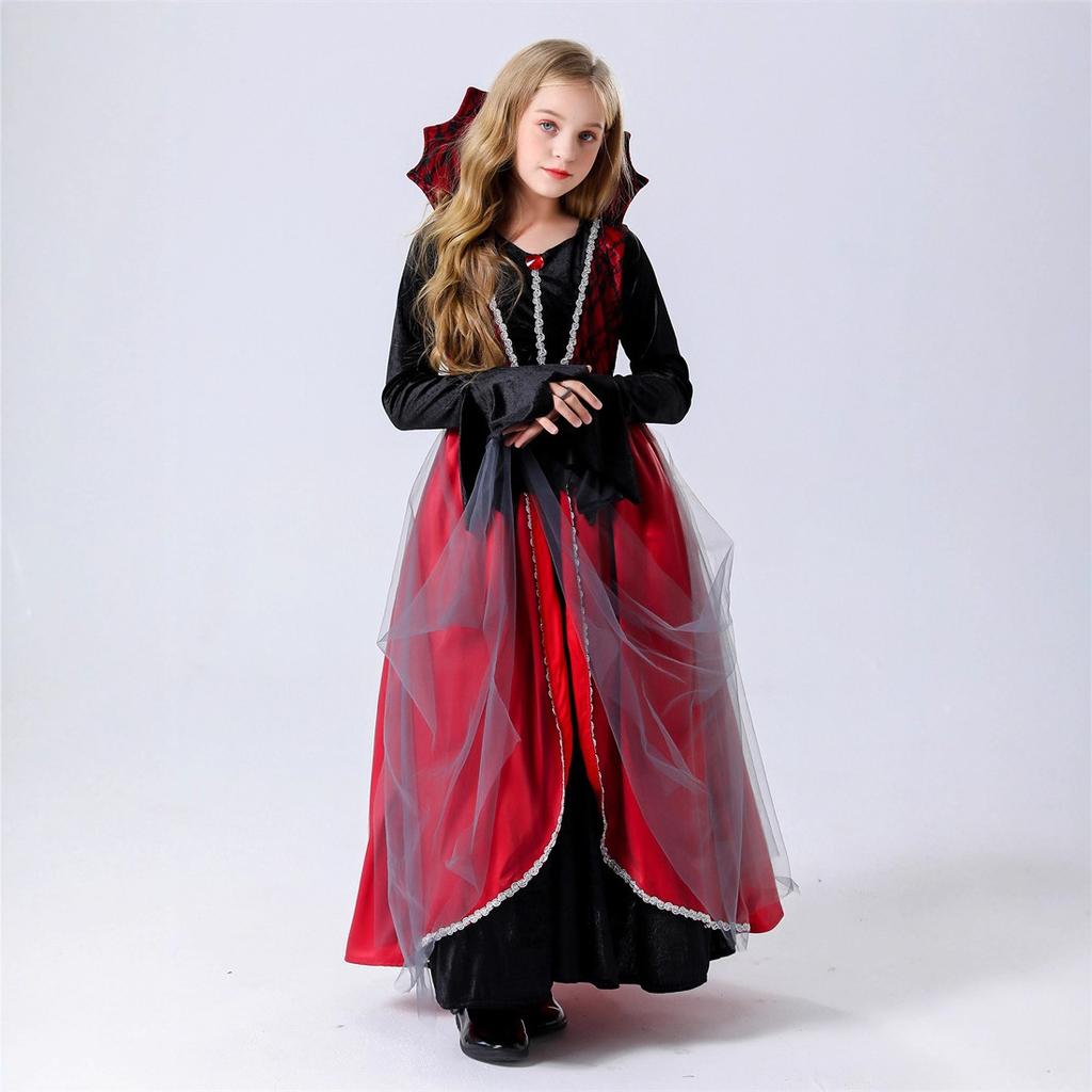 Halloween Costume Children Vampire Queen Witch Black Red Dress Stage Costume