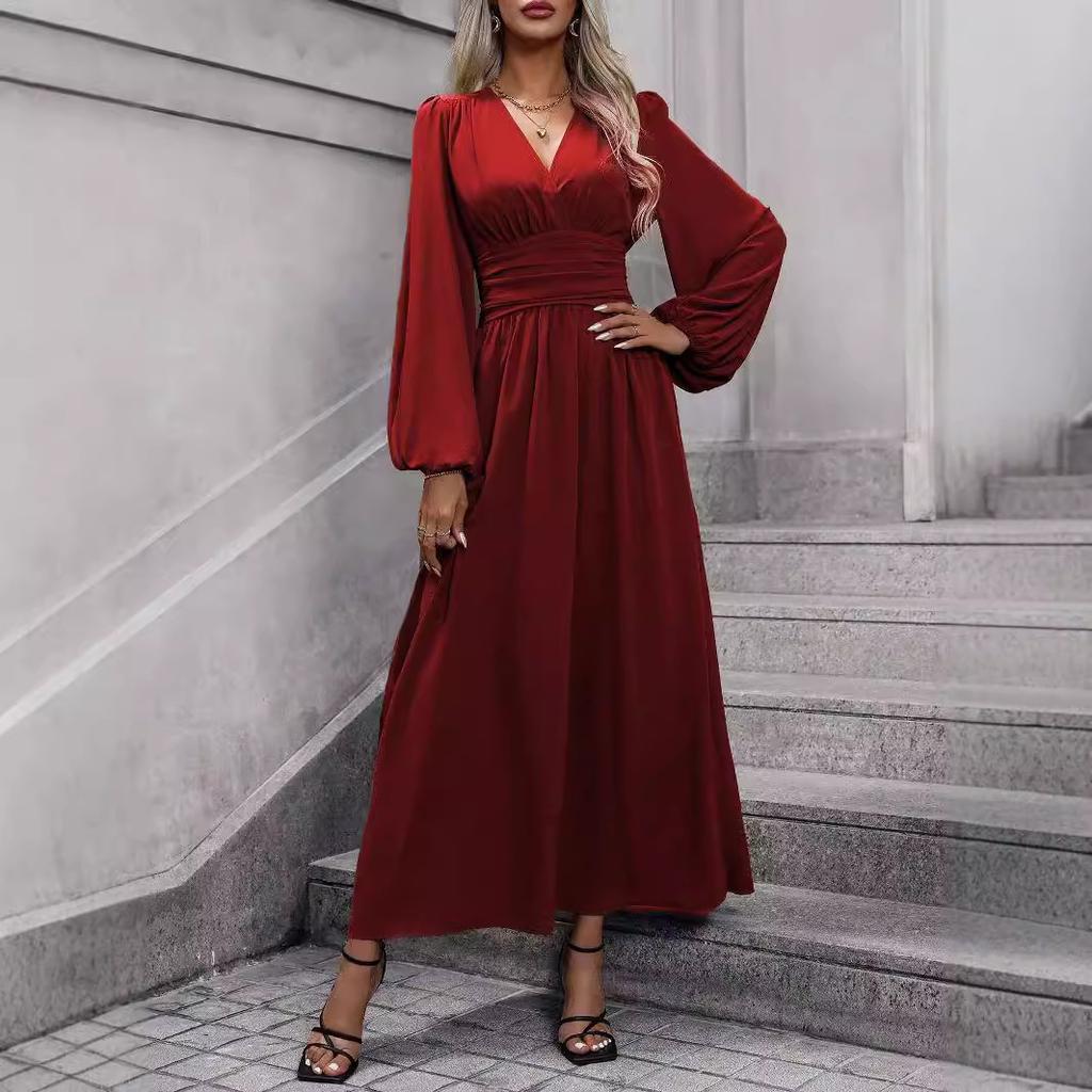 Autumn and winter new women's lantern sleeves with high split ends dress black navy blue burgundy army green leopard print
