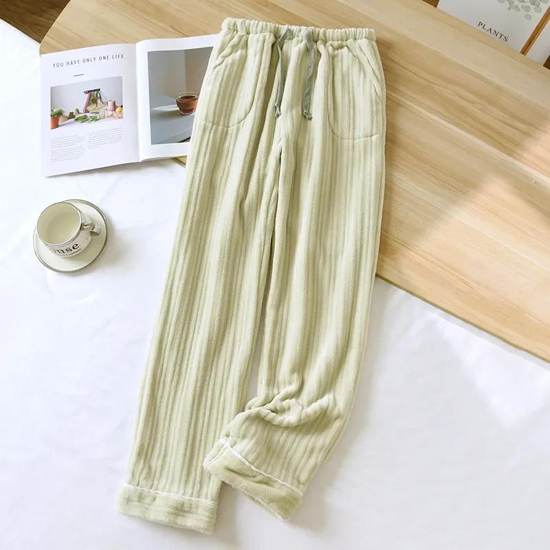 2025 Winter New Women's Pants Flannel Thickened Warm Bar Pattern Sleep Pants Four Color Pocket Home Pants Ladies Bottoms Womens