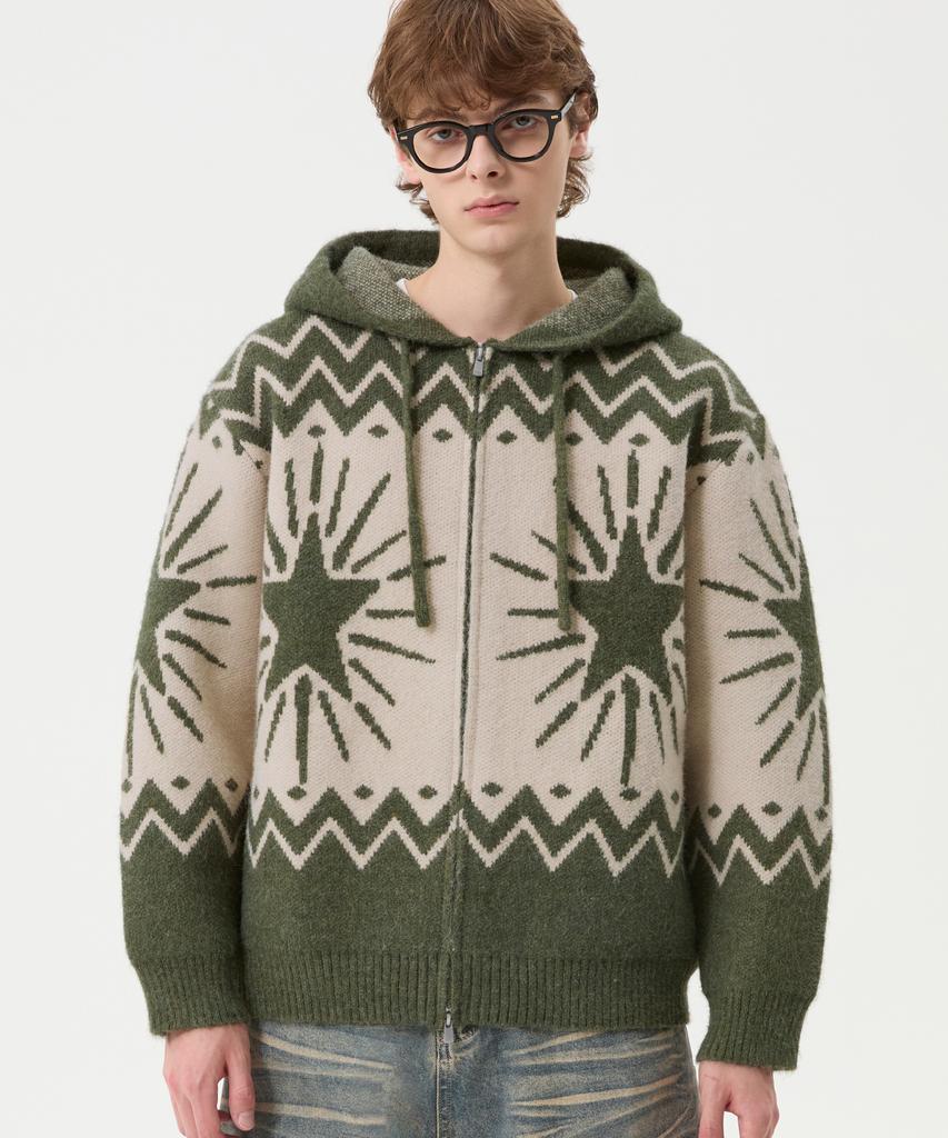 TRILLION Washable Wool Star Nordic Hooded Zip-Up Knit_Khaki