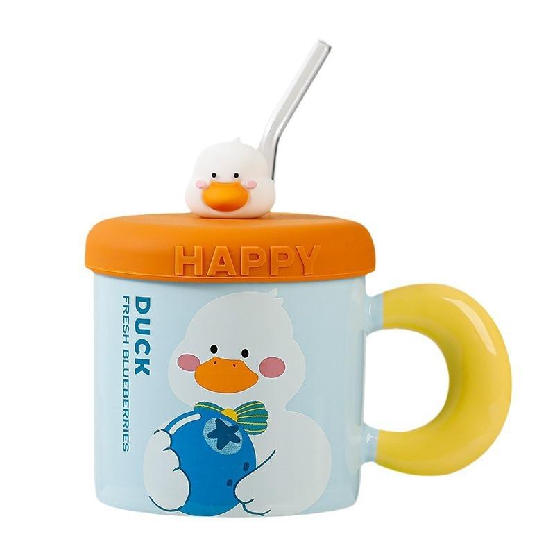Mug with Lid Straw Cup Cute Little Duck Ceramic Cup Couple Water Cup Creative Souvenir Cup Coffee Cup