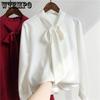 Spring and Autumn Bow Satin Shirt for Women Professional Shirt Long Sleeve Loose Top