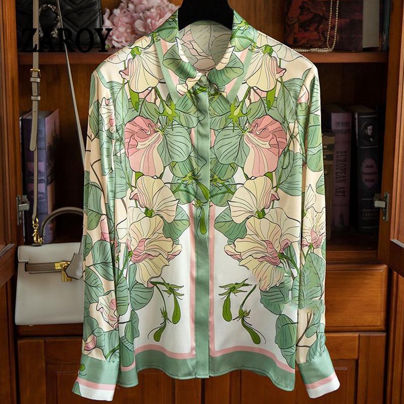 ZAROY Luxury Satin Women's Shirt Green Lotus Print Long Sleeve Lapel Blouse Elegant Vintage Chic Office