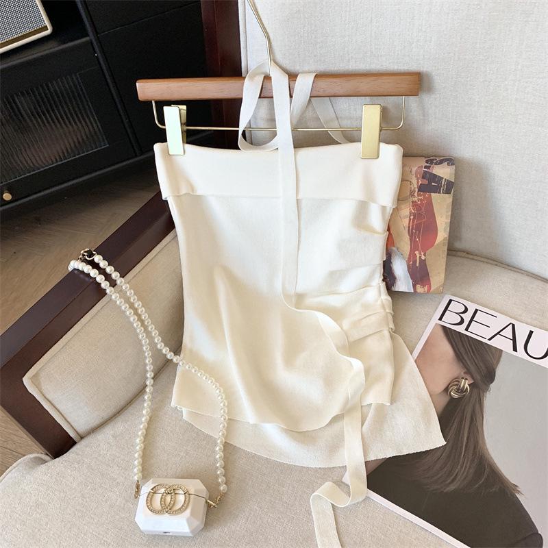 French Off-Shoulder Camisole: Summer Women's Pleated Top with Irregular Slits and Elegant Back Design