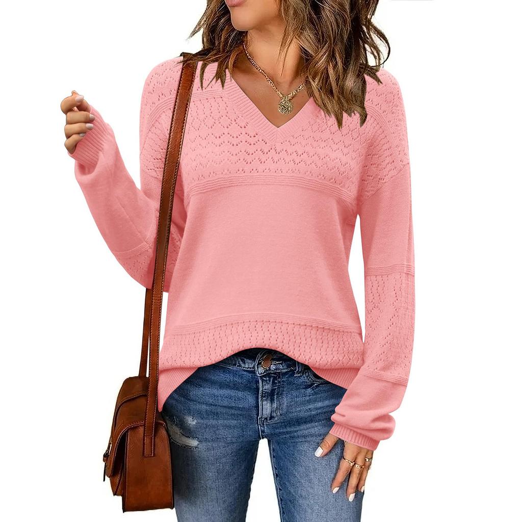 Women's Loose Knitted Sweater With V-Neck Hollowed Out Pullover Long Sleeved Solid Color Top