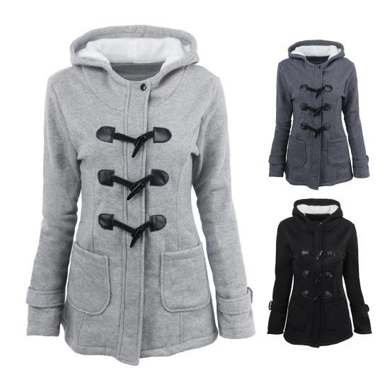 Fall Winter Coat with Side Pockets Solid Color Hooded Horn Button Closure Long Sleeve