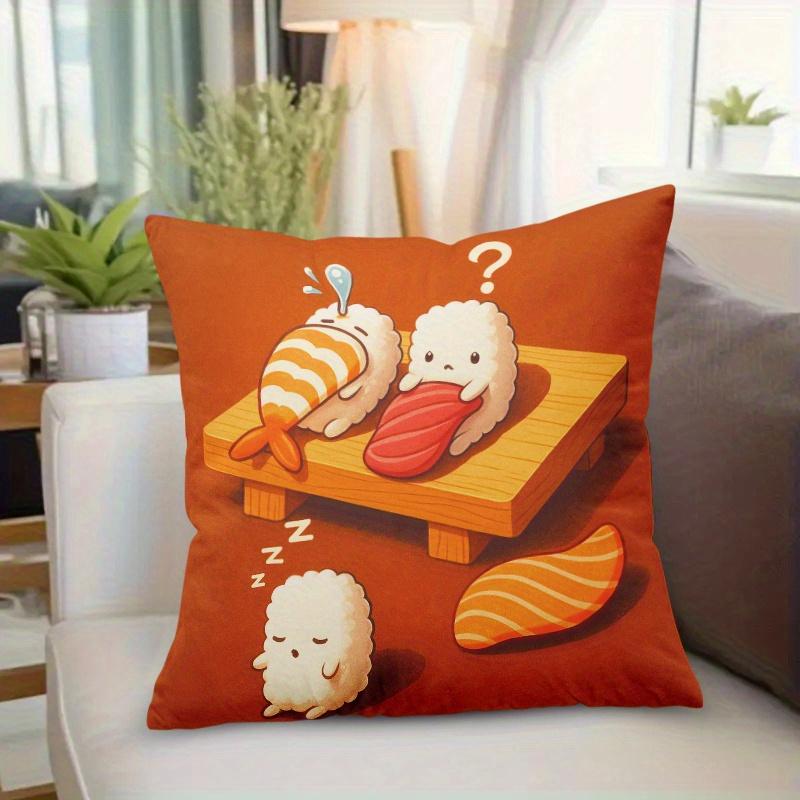 Cute Cartoon Sushi Print Throw Pillow Cover, Kawaii Japanese Food Decorative Cushion Case For Sofa Bedroom