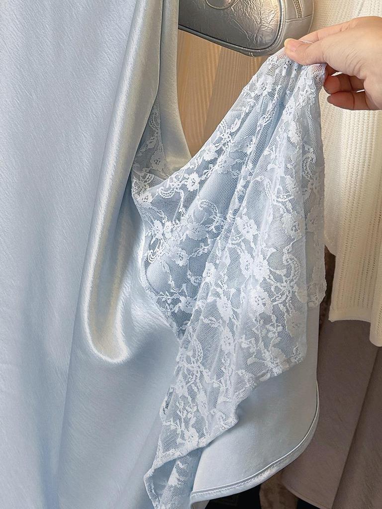 Stunning French Lace Patchwork Fishtail Midi Skirt: Silk-like Satin, Elegant Slim-Fit for Women