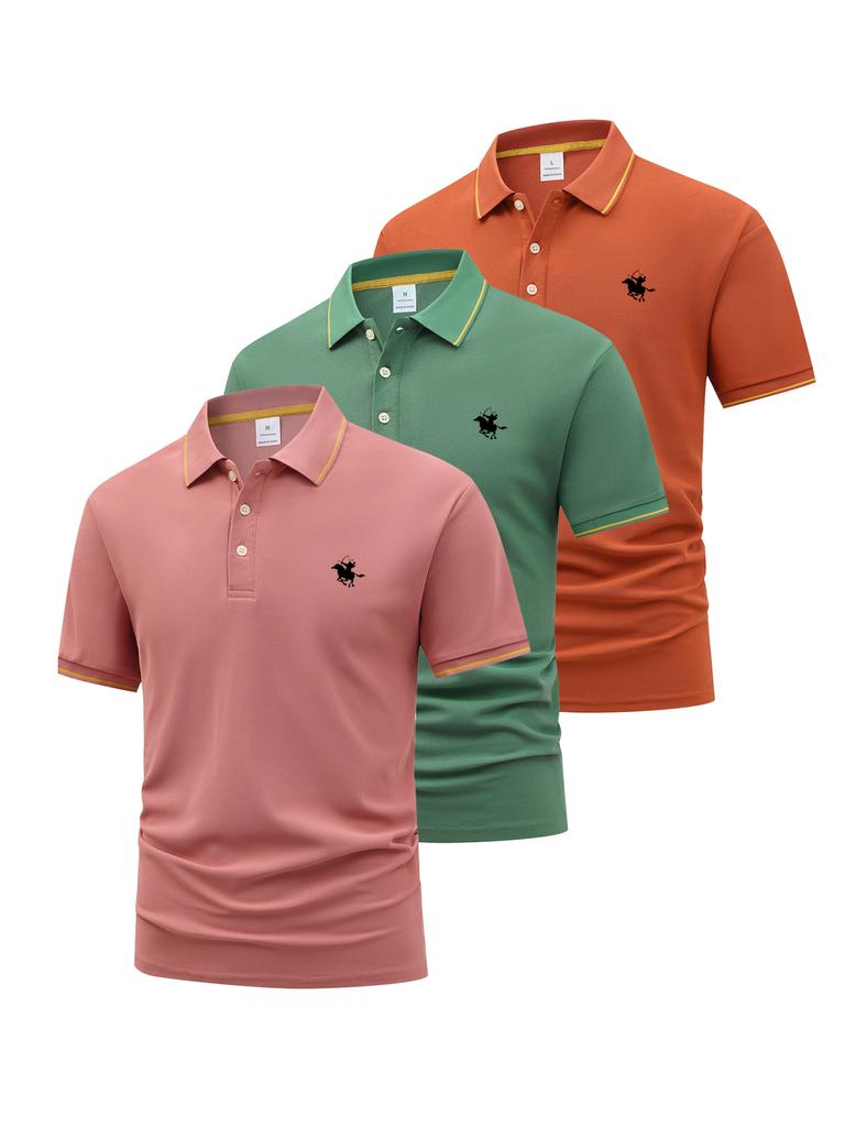 3 Pack Mens Weekend Short Sleeve Polo Shirt, Button Placket Leisure Tops, Classic Fit for Hangout Stroll Outdoor Walk Commute Daily Wear