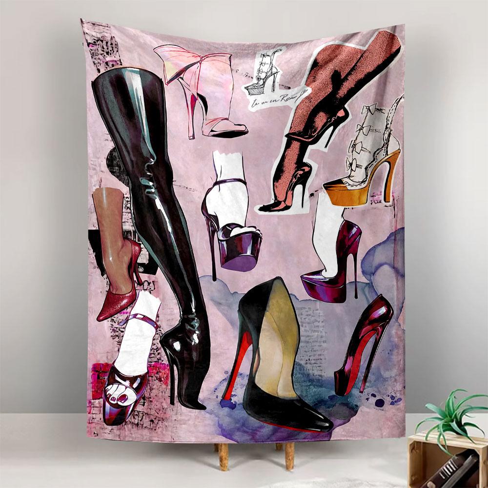 Illustrations of stylish high-heel shoes and boots in various designs. Patterned tapestry for bedroom and living room home decor
