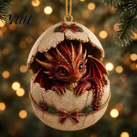 Holiday Gift for Dragon Lovers Baby And Egg Christmas Ornament, 2D Flat Acrylic Tree Hanging Novelty Pendant Decoration, Fantasy Xmas Tree, Home Party