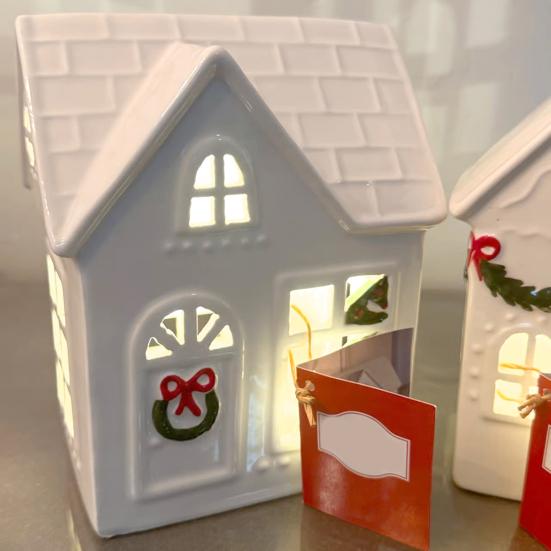 Christmas Village House Figurine LED Lighted White Small House Tabletop Decoration Winter Rustic Farmhouse Holiday Decor for Mantel Tabletop Room