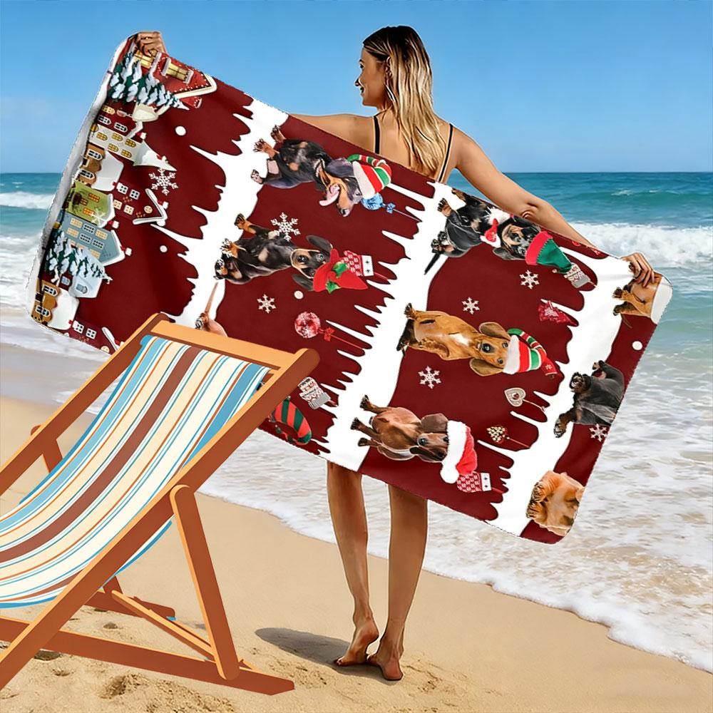 Festive Dachshund Winter Wonderland Print beach towel, quick drying, suitable for travel, outdoor sports, jogging, the beach and swimming, gift