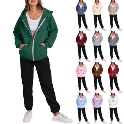 Женская мода с капюшоном, длинным рукавом, однотонная молния, эластичный пояс, свободный комплект свитшотов