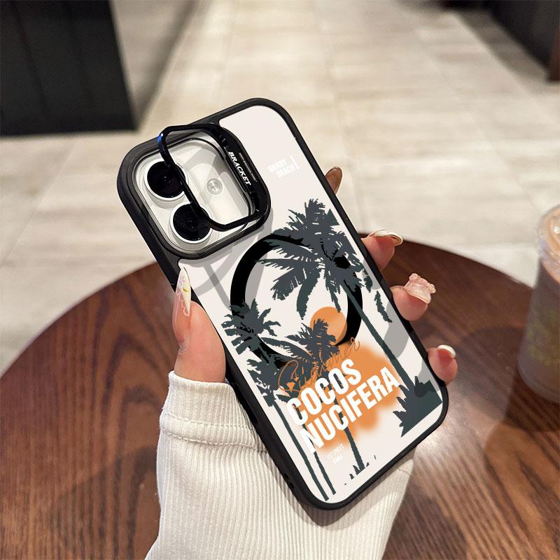 Закат Кокосовая пальма Акриловый жесткий чехол Для iPhone16pro 15ProMax 11 12 13pro 14Plus Многофункциональный держатель для телефона с линзой чехол для телефона