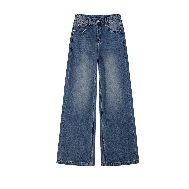 Spring and summer non-elastic wide-leg jeans high-waisted women's Korean version casual small nine-point denim trousers retro blue