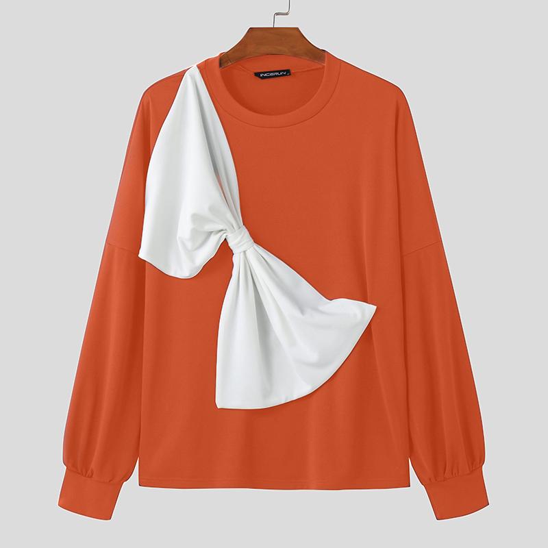INCERUN Men Round Neck Big Bow Patchwork Long Sleeve Pullover Tops
