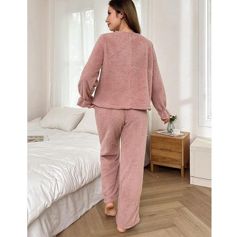 Womens Coral Fleece Pajama Set Fall Winter Thick Warm Loungewear Square Neck Long Sleeve