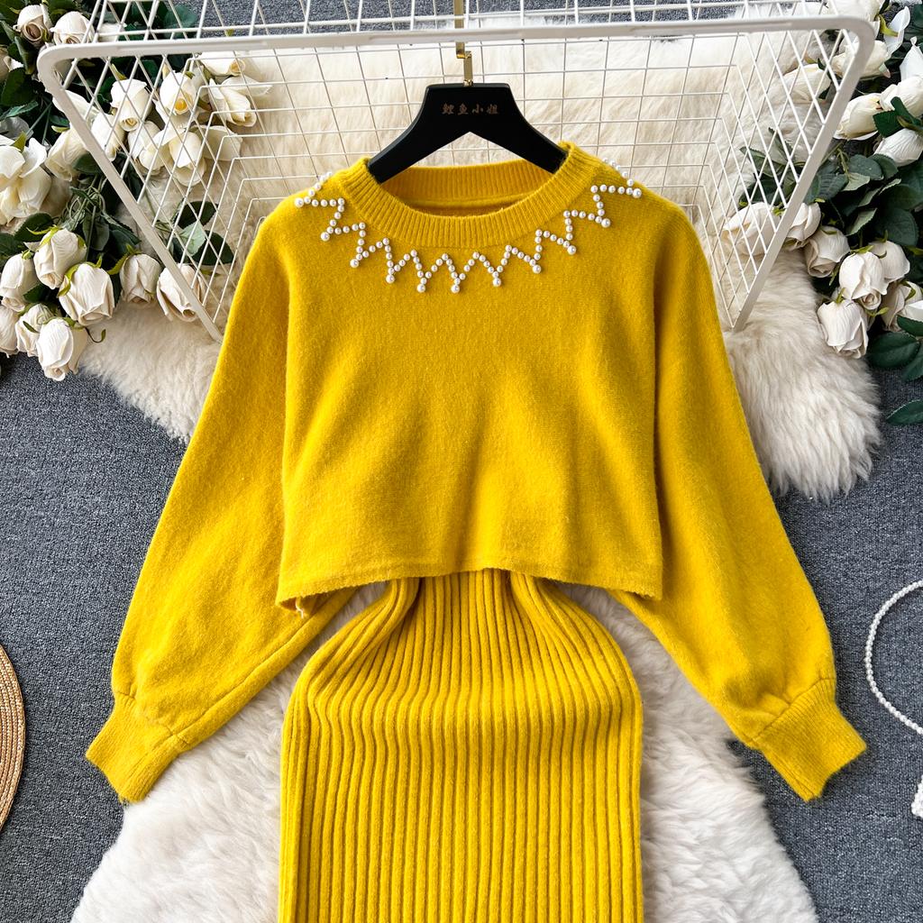 Осень-зима женский элегантный вязаный свитер комплект из двух предметов женский тонкий облегающее платье-футляр и пуловер с бисером топы костюм