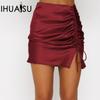 Women's Summer Solid Colour Drawstring Pleated Wrap Hip Skirt Sexy High Waist Zipper Satin Halter Skirt