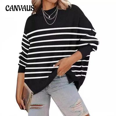 Осенне-зимний женский свитер с круглым вырезом больших размеров, свободный свитер в полоску