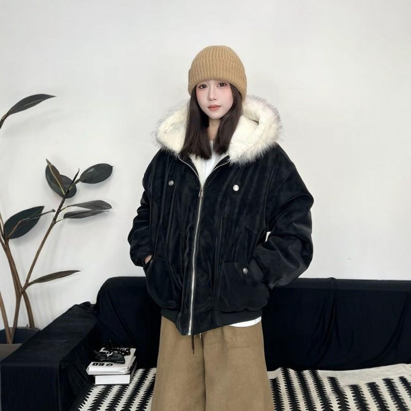 Winter Hooded PU Cotton Coat Unisex Loose Thick Warm Sherpa Jacket