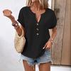 Женская рубашка с V-образным вырезом, декором в виде пуговиц, коротким рукавом, свободная рубашка, однотонная повседневная летняя футболка, повседневная одежда