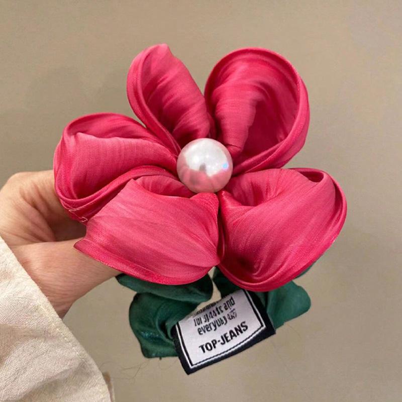 1 шт. Весенняя атмосфера Жемчужная резинка для волос Темпераментная резинка для волос в виде большого кишечника Сказочный стиль Большой цветок Кожа Растягивающаяся