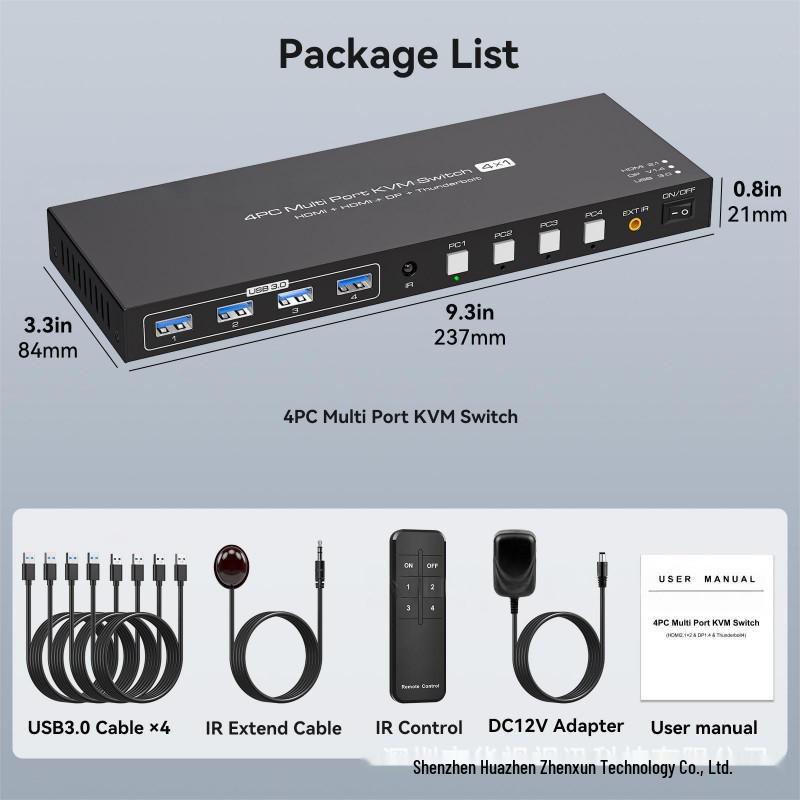 KVM-переключатель 8K@60: 2 входа HDMI, 1 вход DP, 1 вход Type-C, 1 выход HDMI, USB 3.0.