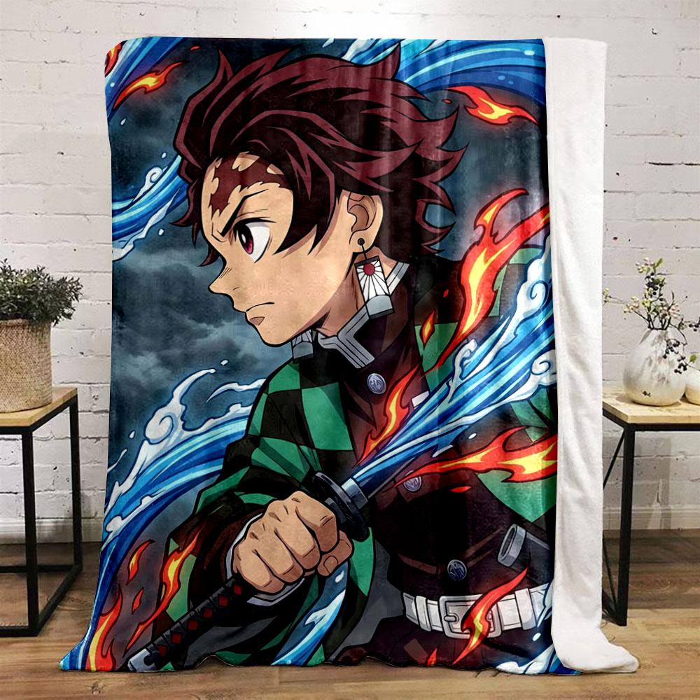 A character wielding a sword surrounded by swirling flames and water. for all seasons blanket lunch break throw gift