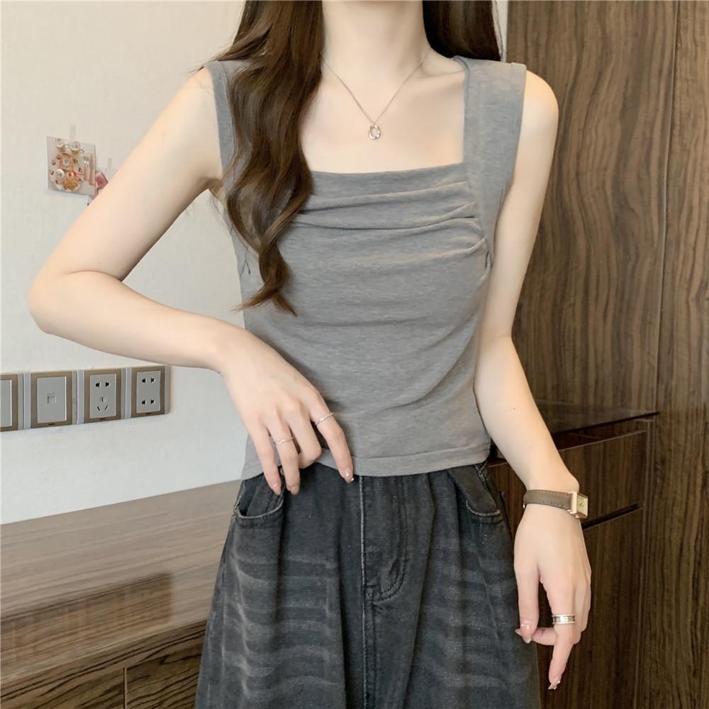 Модальный пикантный топ-майка с квадратным вырезом и сборками - Женский летний облегающий жилет