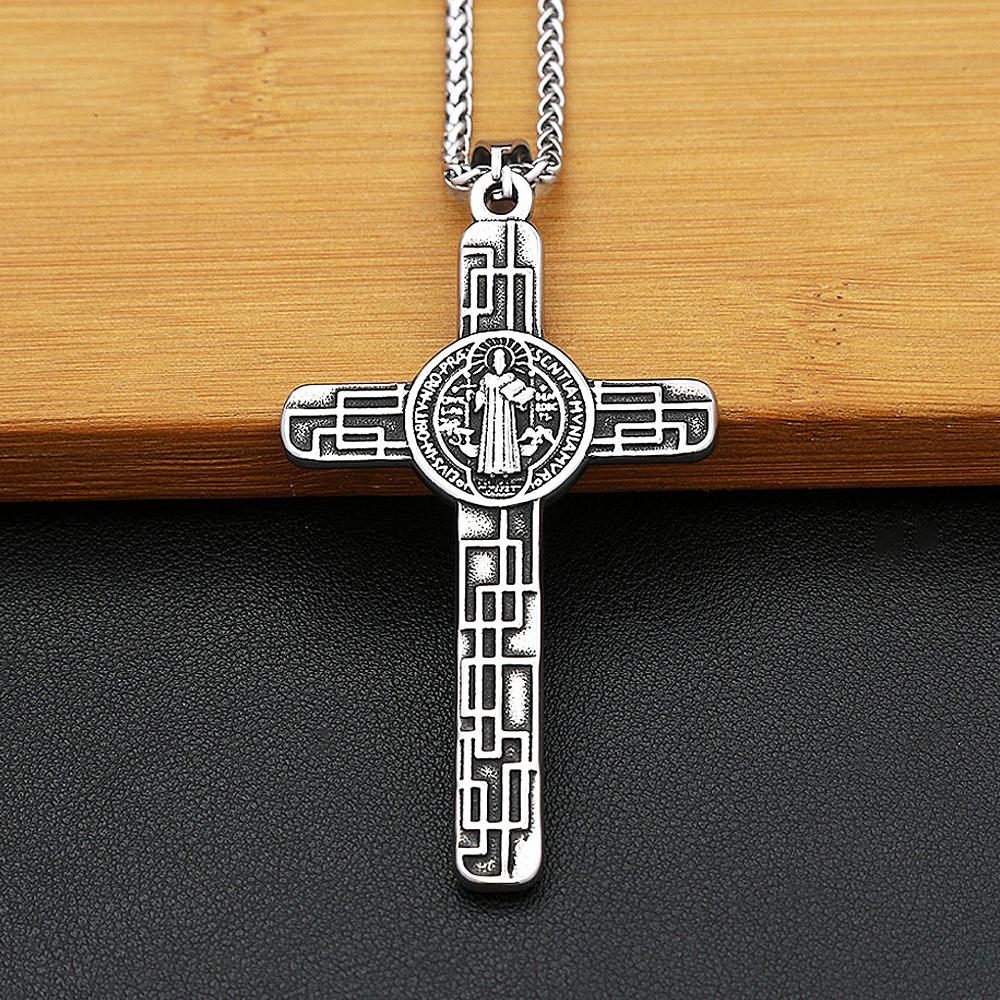 Vintage Catholic Jesus Cross Pendant Necklace Stainless Steel Fashion Saint Benedict Cross Necklace for Men Women Amulet Jewelry