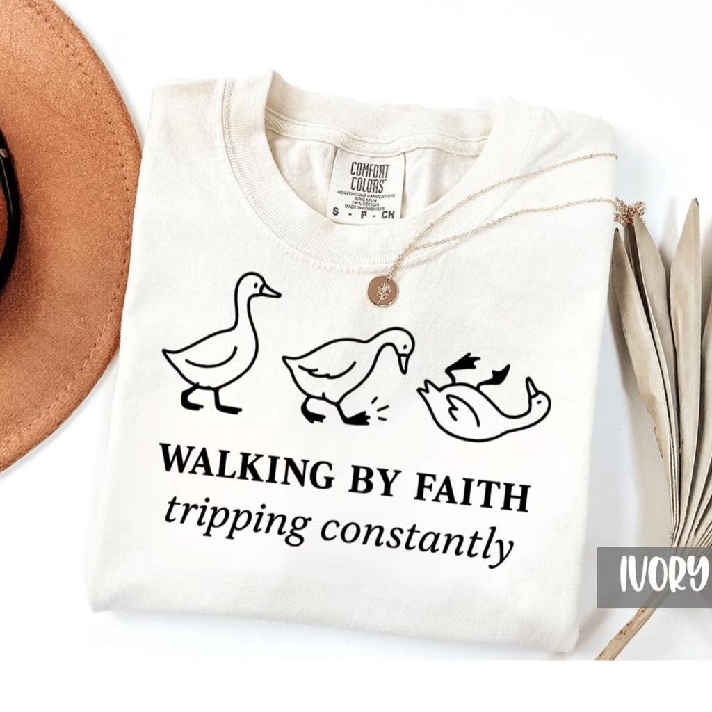 Comfort Colors Walking By Faith Tripping Constantly Tee, Christian Shirt and kids tshirt, Religious Quote Top, Inspirational Clothing, Faith, Duck Tee