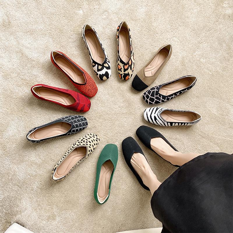 Square Toe Shallow Mouth Fabric Flat Bottom Women's Leopard Knitted Soft Bottom Large Shoes Size 34-43