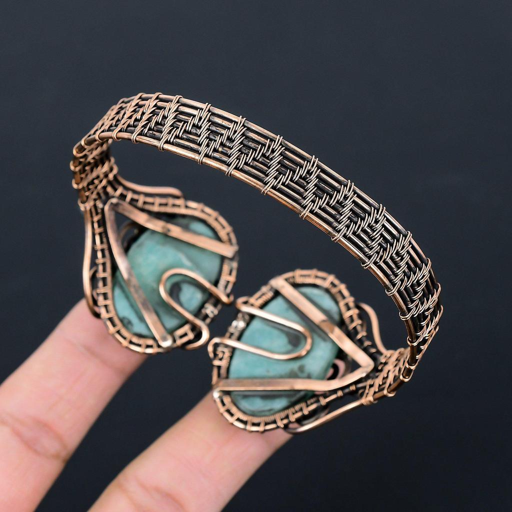 Unique Amazonite Gemstone Pure Copper Wire Wrapped Handmade Cuff/ Bangle Adjustable Jewelry