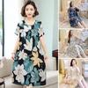 Women Nightdress Loose Floral Print Round Neck Pleated Short Sleeves Knee Length Homewear Casual Midi Dress Lady Nightgown Midi Dress