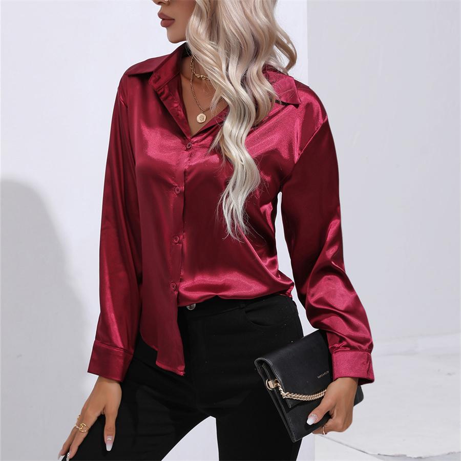 Spring Autumn Satin Blouse Imitation Silk Long Sleeve Shirt for Women's Plus Size Loose Tops