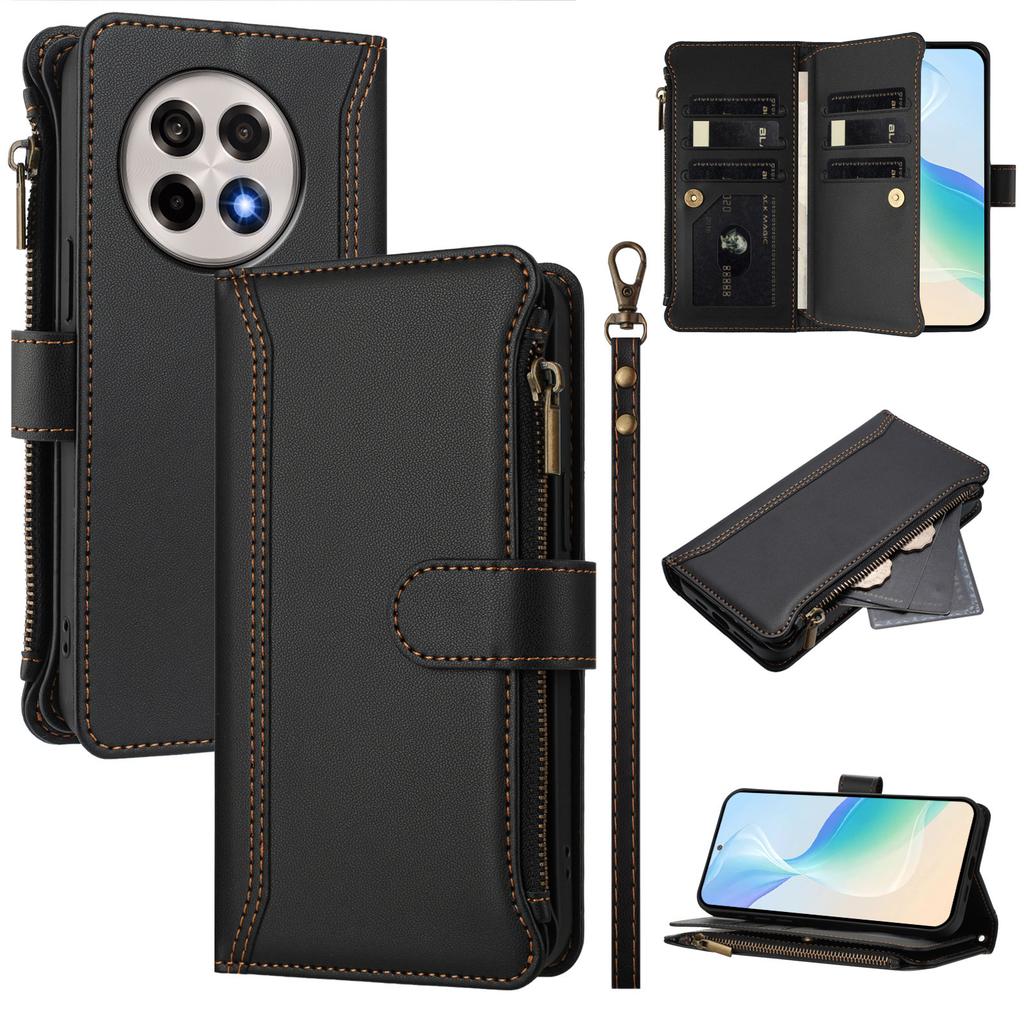 For OnePlus Ace 5 Pro 5G/OnePlus 13R 5G Leather Case 9 Card Slots Zipper Wallet Stand Phone Cover with Wrist Strap