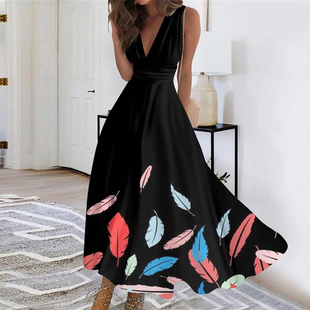 Женское длинное платье Платье макси Повседневное платье Летнее повседневное платье без рукавов с v-образным вырезом в стиле бохо с талией в стиле ретро с принтом