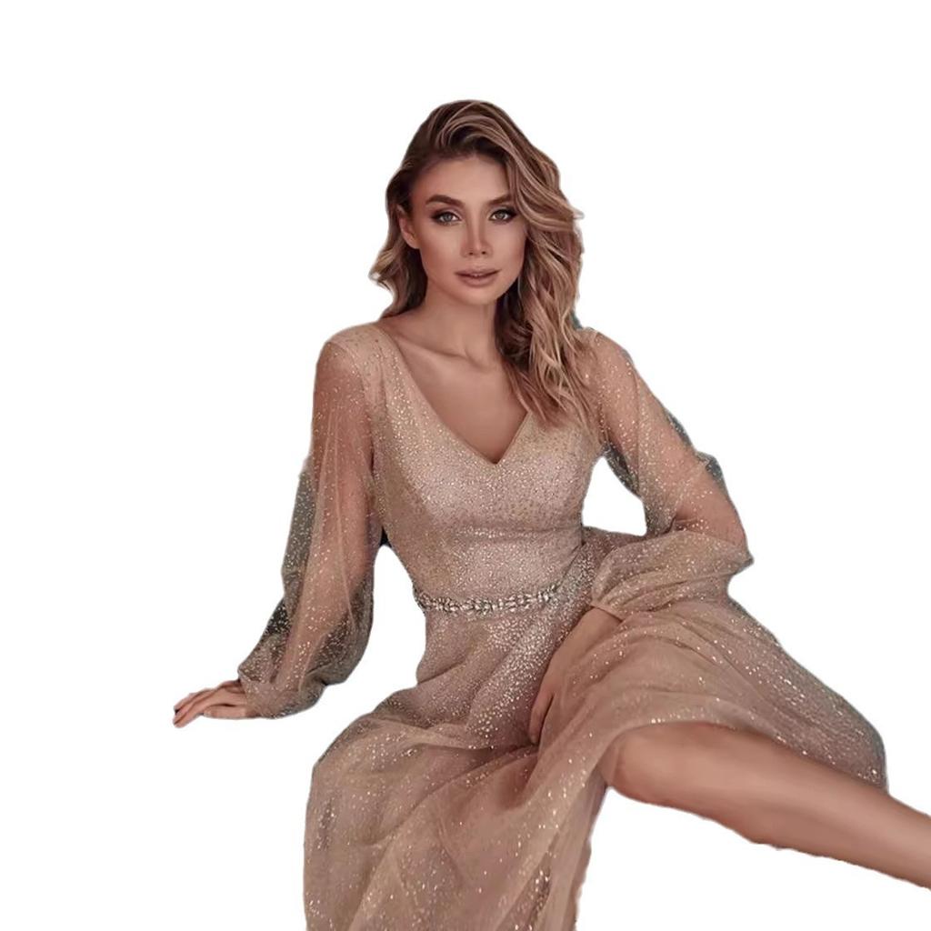 Новое европейское и американское женское платье, усыпанное золотом, для дня рождения, элегантное сетчатое вечернее платье со звездным небом