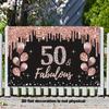 50th Birthday Party Banner - Pink Glitter Design, "50 & Fabulous" Text, Balloons and Star Design, Polyester