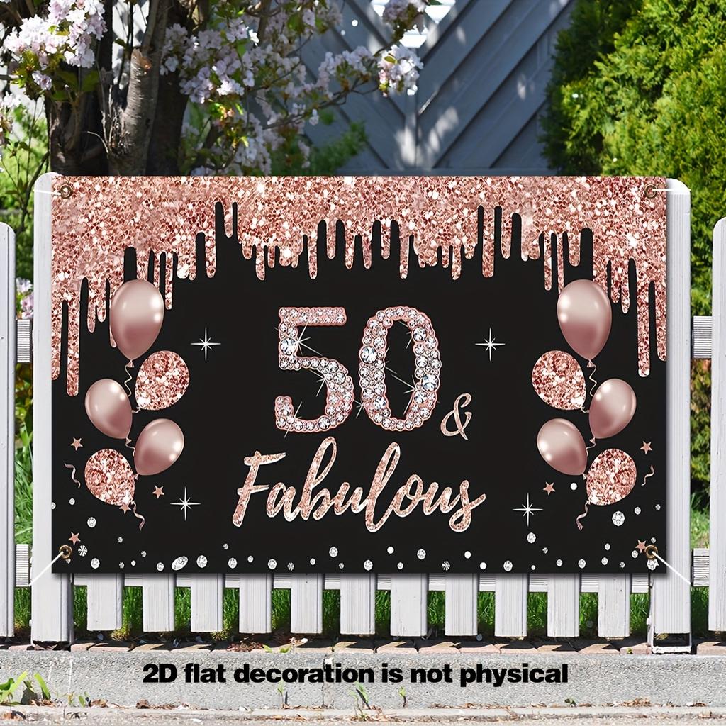 50th Birthday Party Banner - Pink Glitter Design, "50 & Fabulous" Text, Balloons and Star Design, Polyester